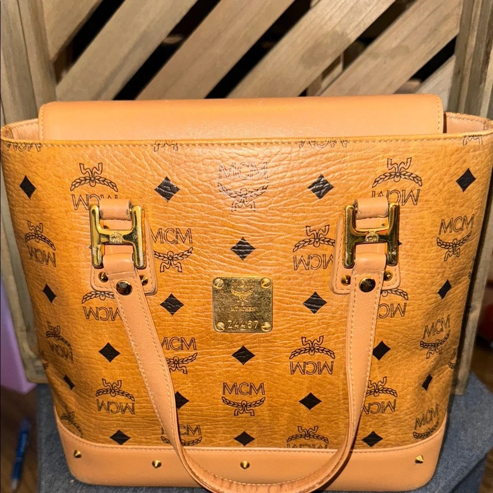MCM Mini Cognac Leather Tote with Logo Pattern - Picture 16 of 16